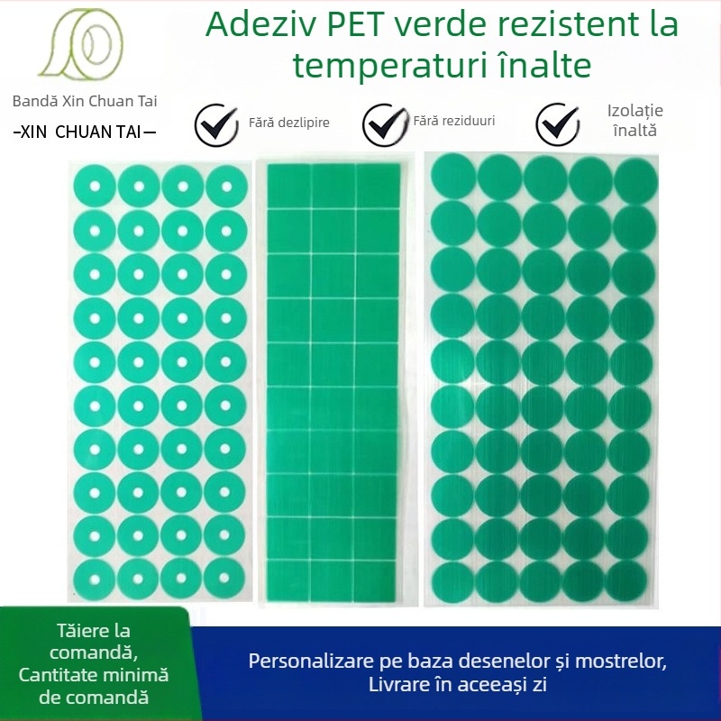 Bandă PET verde rezistentă la temperaturi înalte pentru mascare la vopsire cu pulverizare, electroplating și acoperire cu pulbere — bucăți circulare autoadezive
