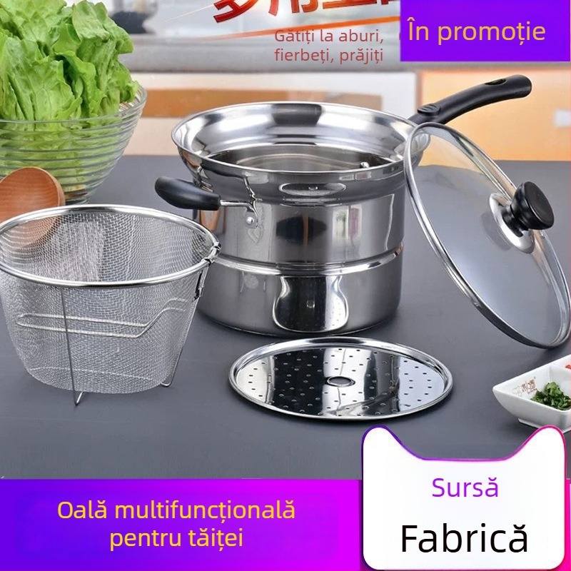 Oală multifuncțională din oțel inoxidabil pentru aburire, prăjire și fierbere; oală pentru tăiței cu capac din sticlă temperată