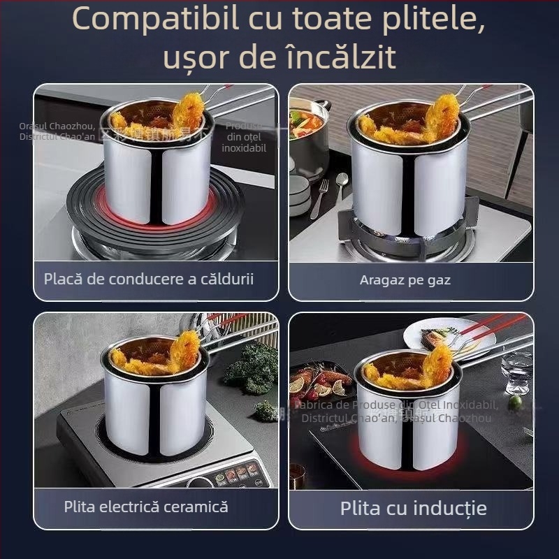 Tigaie din oțel inox cu capac, tigaie mică de uz casnic pentru prăjire gustări