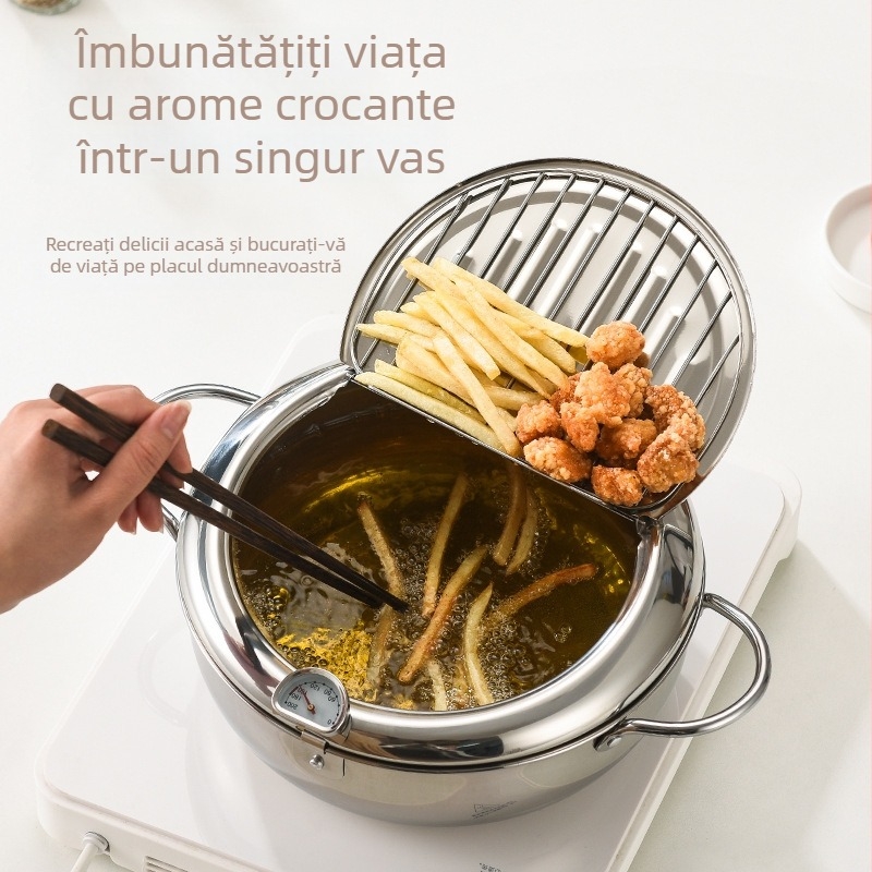 Vas de prăjit din oțel inoxidabil 304, vas mic adânc pentru tempura și supă, stil japonez cu fund dublu, cu suport pentru filtrarea uleiului și termometru