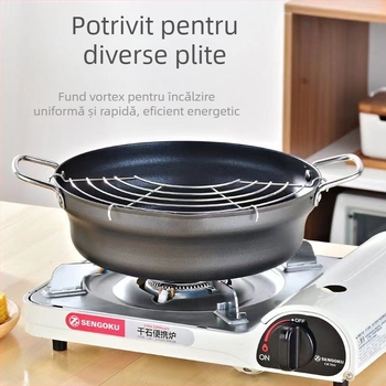 Oală adâncă din oțel inoxidabil, cu strat antiaderent, pentru tempura, stil japonez, cu filtru, multifuncțională