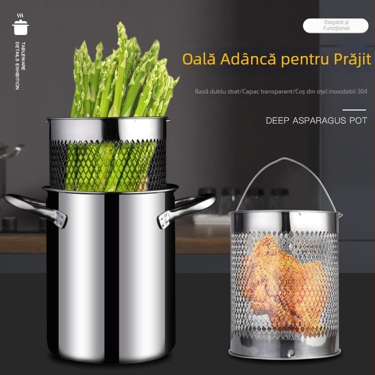 Oală multifuncțională din oțel inoxidabil 304 pentru prăjit, fierbere și paste — prăjit în profunzime, supă, spaghete și sparanghel, adâncime 21 cm