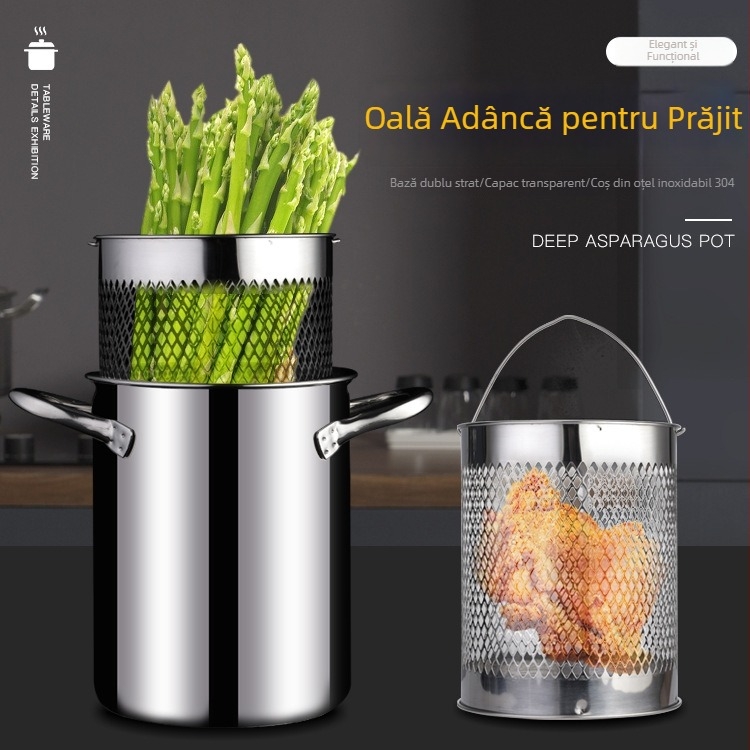 Oală multifuncțională din oțel inoxidabil 304 pentru prăjit, fierbere și paste — prăjit în profunzime, supă, spaghete și sparanghel, adâncime 21 cm