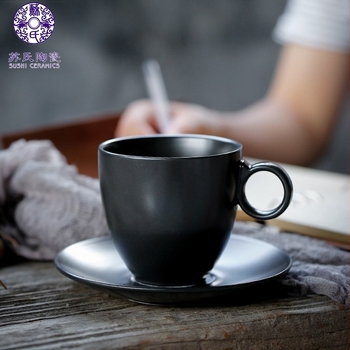 Su's Ceramica – Set cafea cu ceașcă și farfurioară, ceramică neagră glazurată, stil european retro, minimalist nordic, pentru uz casnic