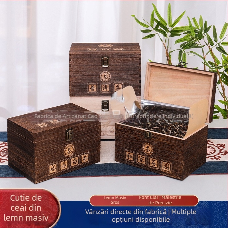 Cutie cadou din lemn pentru ceai Pu'er și ceai Fuding alb – cutie goală pentru ceai vrac