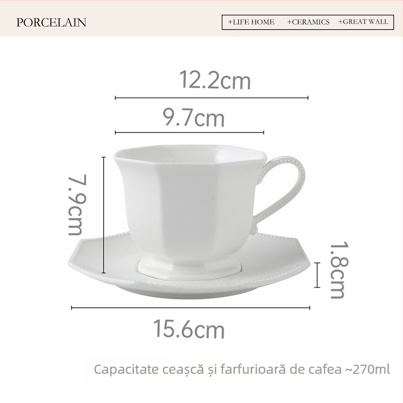 Set de ceașă și farfurioară de cafea ceramică albă, octogonal, stil european