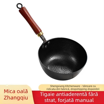 Oală de lapte lucrată manual, din fier neacoperit, pentru o porție, cu capac din lemn, în stil wok