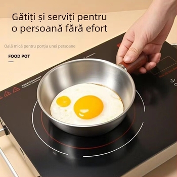 Oală din oțel inoxidabil, mică, cu mâner din lemn de nuc, porție individuală, potrivită pentru tăiței, salate, bătut ouă și prăjit în ulei încins