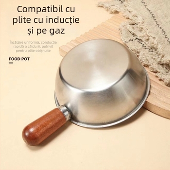 Oală din oțel inoxidabil, mică, cu mâner din lemn de nuc, porție individuală, potrivită pentru tăiței, salate, bătut ouă și prăjit în ulei încins