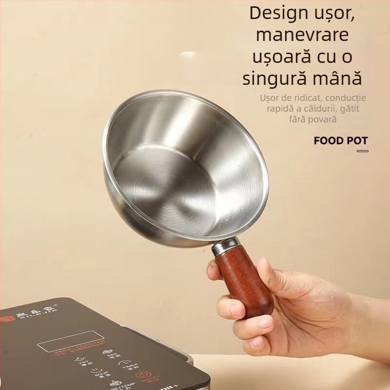 Oală din oțel inoxidabil, mică, cu mâner din lemn de nuc, porție individuală, potrivită pentru tăiței, salate, bătut ouă și prăjit în ulei încins