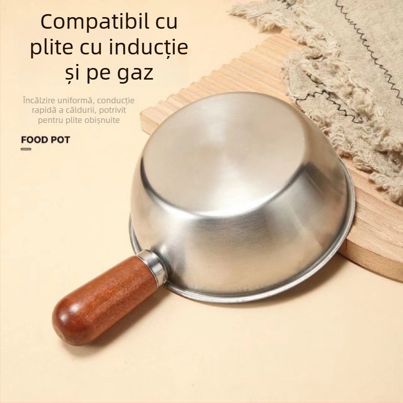Oală din oțel inoxidabil, mică, cu mâner din lemn de nuc, porție individuală, potrivită pentru tăiței, salate, bătut ouă și prăjit în ulei încins