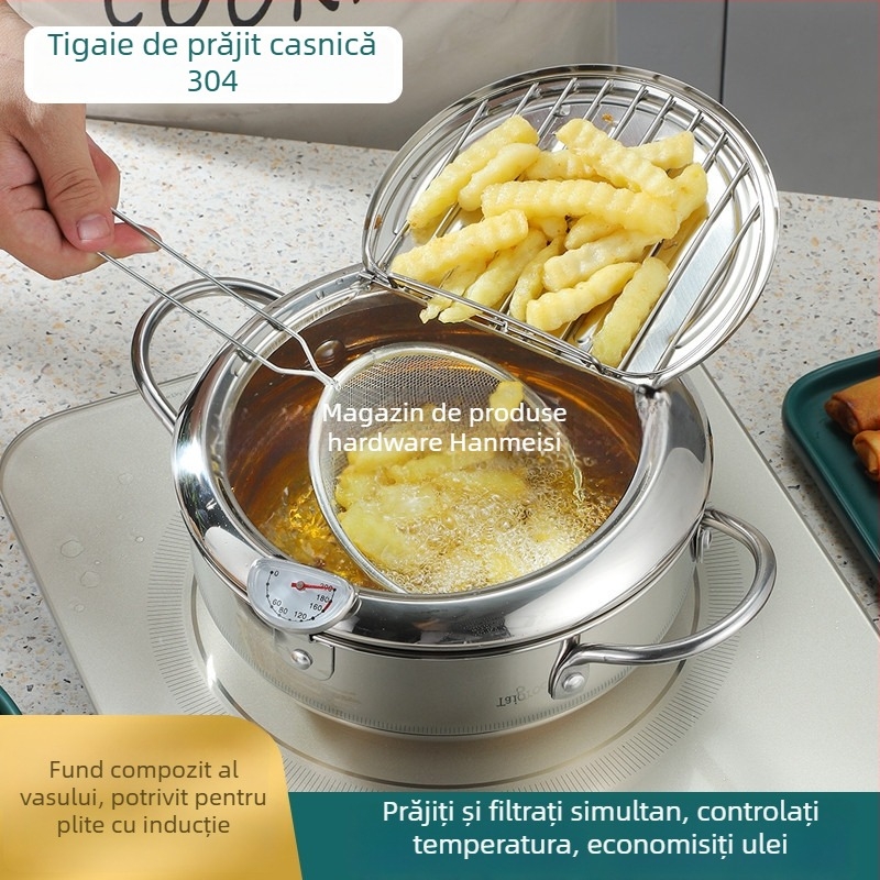 Friteuză din oțel inoxidabil 304 pentru tempura – mini friteuză de bucătărie cu capac rabatabil și termometru