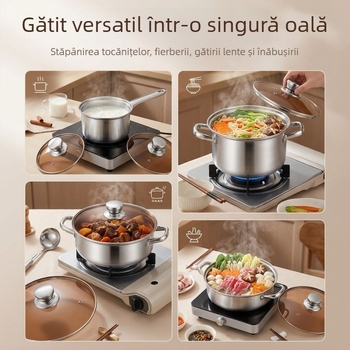 Set din oțel inoxidabil, multifuncțional, cu construcție îngroșată; include oală, oală de supă, oală pentru lapte și tigaie
