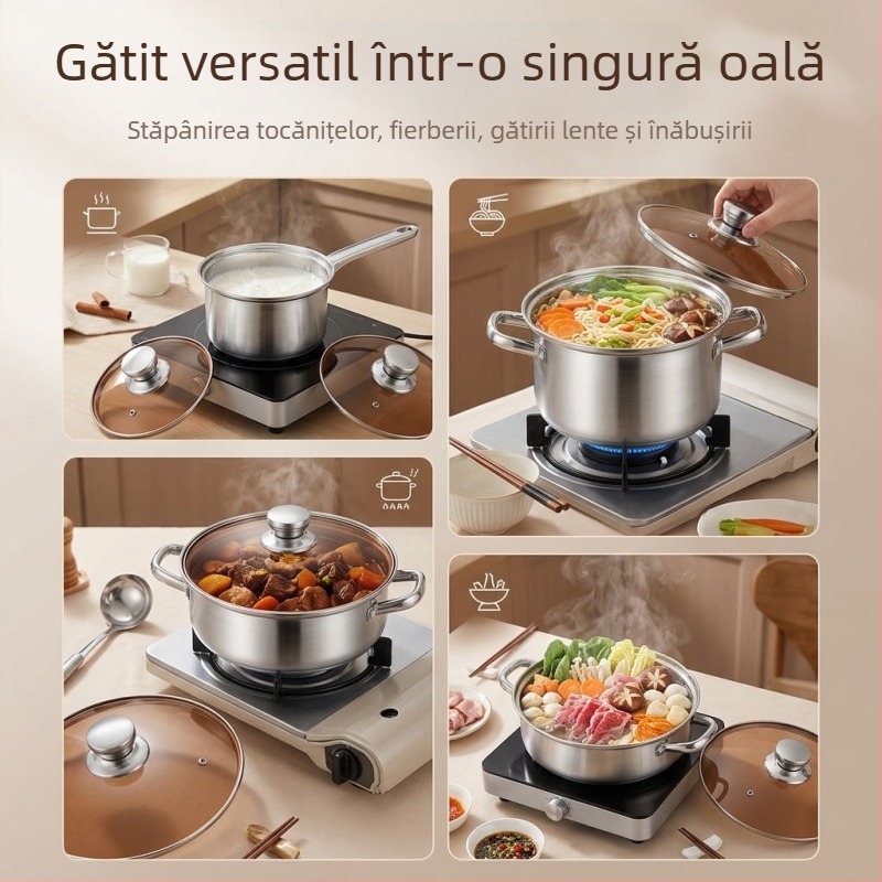 Set din oțel inoxidabil, multifuncțional, cu construcție îngroșată; include oală, oală de supă, oală pentru lapte și tigaie
