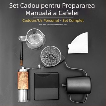 Set portabil pentru cafea cu râșniță manuală, filtru pour-over, ceainic de turnare și cântar electronic, într-o cutie cadou
