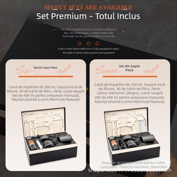 Set portabil pentru cafea cu râșniță manuală, filtru pour-over, ceainic de turnare și cântar electronic, într-o cutie cadou