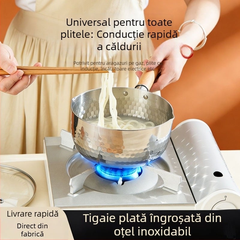 Vas Yukihira din oțel inoxidabil 304, mâner din lemn, netencuit, potrivit pentru hrana de bebeluși, lapte, tăiței instant și supe prăjite