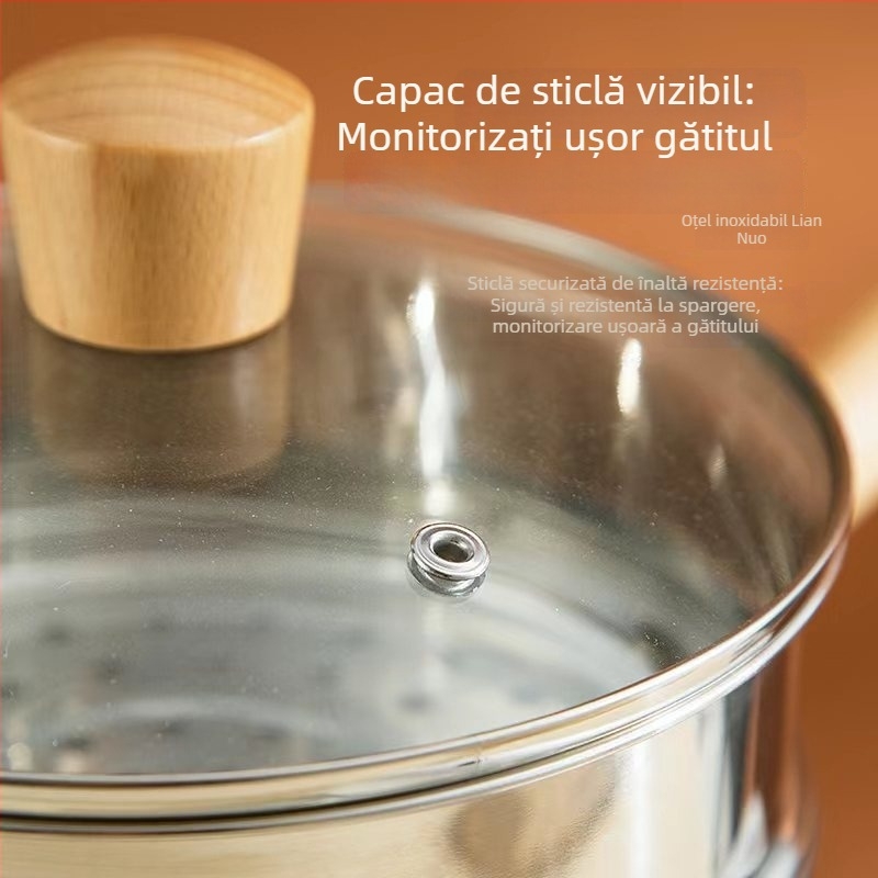 Vas Yukihira din oțel inoxidabil 304, mâner din lemn, netencuit, potrivit pentru hrana de bebeluși, lapte, tăiței instant și supe prăjite