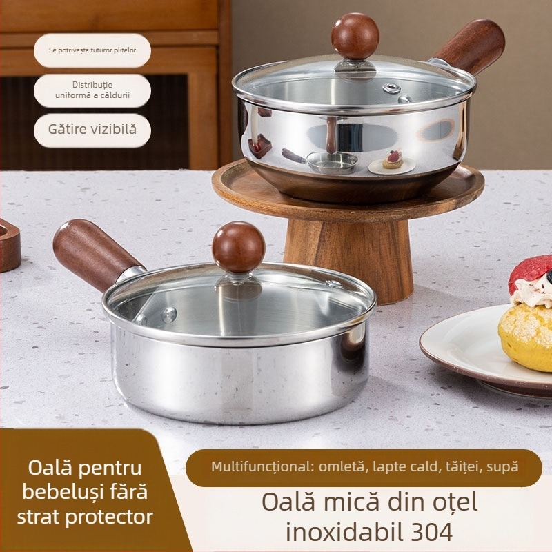 Oală de lapte din oțel inoxidabil cu mâner din lemn de nuc, oală mică cu fund plat pentru hrana bebelușilor și gustări, capac de sticlă