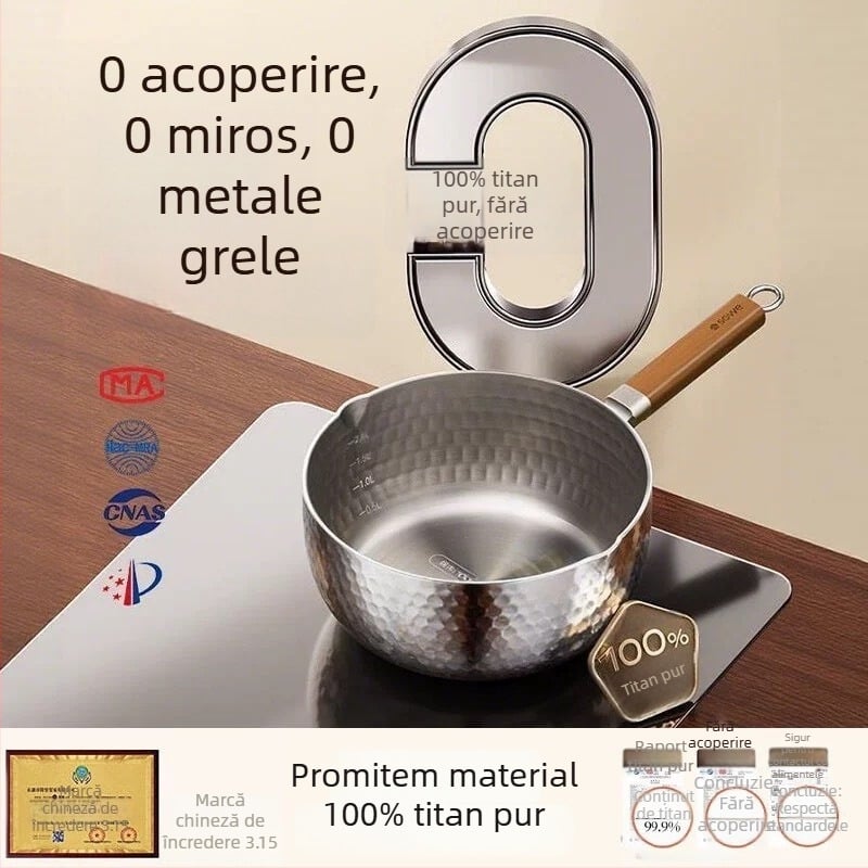 Oală Yukihira din titan neacoperit, mică oală pentru lapte, all-in-one pentru gătit tăiței și gătit la abur, oală pentru supă de copii și hrană pentru bebeluși