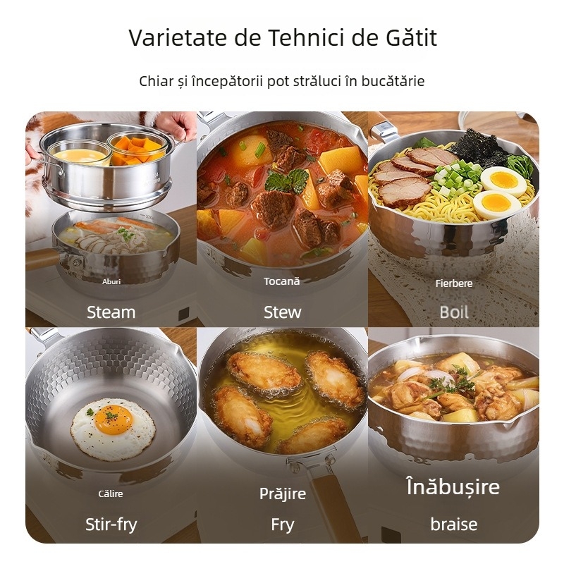 Oală Yukihira din titan neacoperit, mică oală pentru lapte, all-in-one pentru gătit tăiței și gătit la abur, oală pentru supă de copii și hrană pentru bebeluși