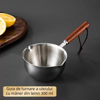 Oală din oțel inoxidabil 304 pentru turnarea uleiului, cu mâner din lemn, oală mică pentru lapte