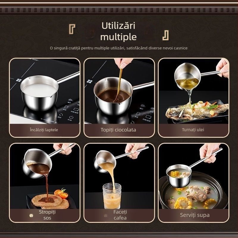 Oală de lapte din oțel inoxidabil 316, cu mâner lung și strat antiaderent, lingură pentru turnarea uleiului și mică lingură de supă