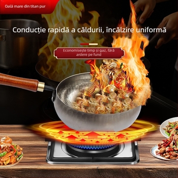 Oală din titan ciocănită, cu bazin mare, antiaderentă, lucrată manual, fără acoperire, titan pur pentru uz casnic