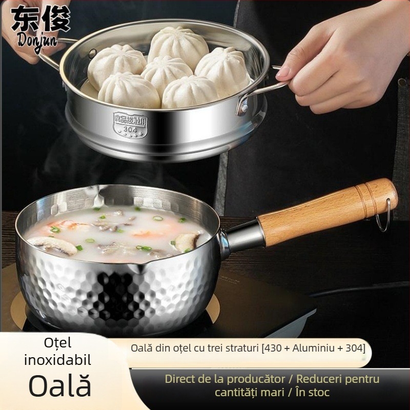 Oală Yukihira din oțel inoxidabil 304, trei straturi, clasă pentru contact cu alimentele, cu marcaje de măsură, uz casnic, fără strat de acoperire, potrivită pentru hrana bebelușilor
