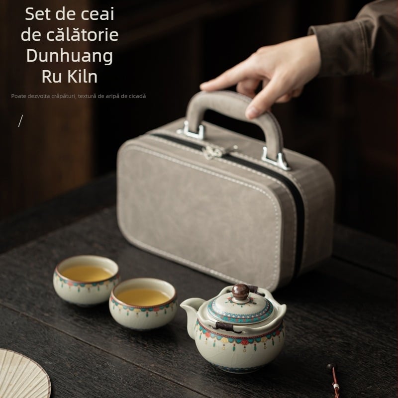 Set de ceai ceramic portabil, cu 1 ceainic și 2 cești, pentru călătorii și utilizare în aer liber