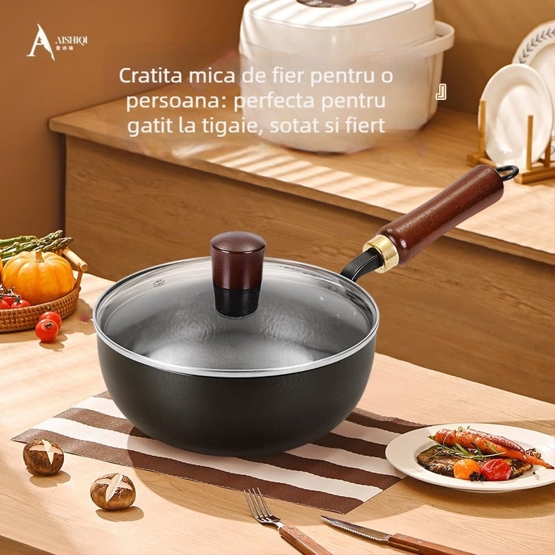 Oală mică din fontă, turnată manual, pentru porții individuale, oală pentru ouă și friptură, capac din sticlă, design minimalist modern