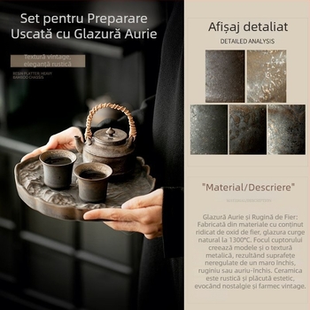 Set de ceai ceramic stil chinezesc, retro, cu ceainic cu mâner, tavă de ceai și cești pentru oaspeți