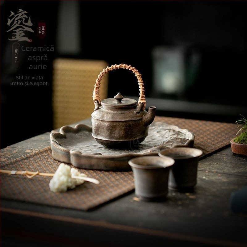 Set de ceai ceramic stil chinezesc, retro, cu ceainic cu mâner, tavă de ceai și cești pentru oaspeți
