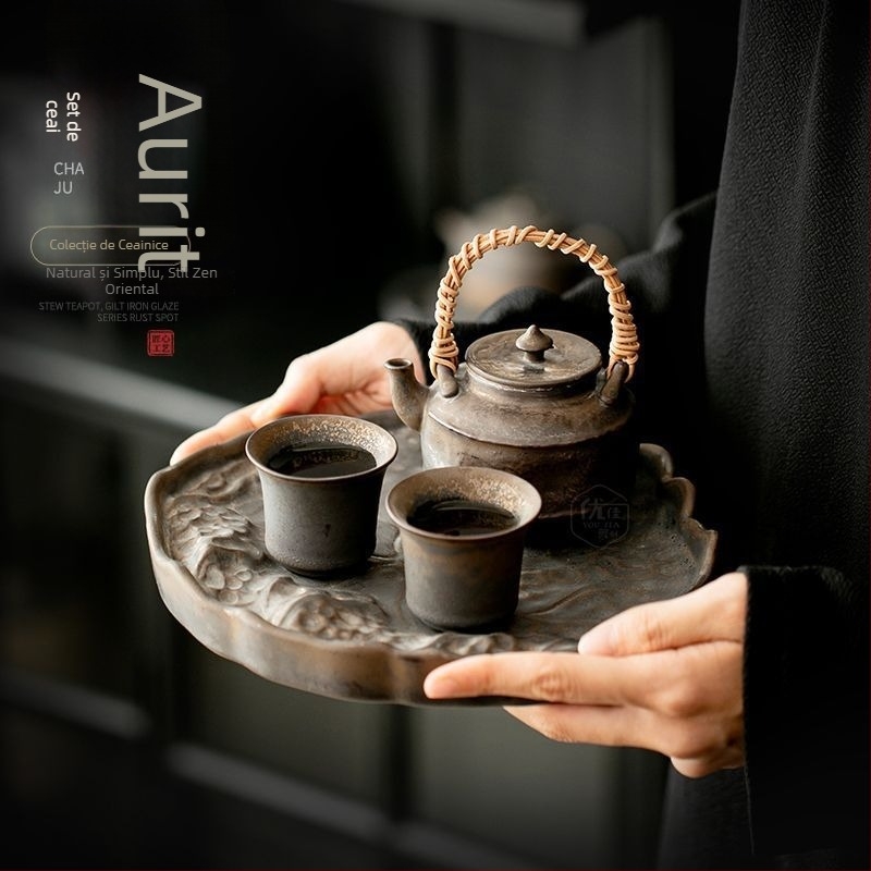 Set de ceai ceramic stil chinezesc, retro, cu ceainic cu mâner, tavă de ceai și cești pentru oaspeți