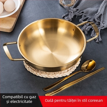 Oală ramen cu mânere duble, oală mică cu bază plată, stil coreean din oțel inoxidabil pentru fructe de mare uscate