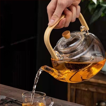 Ceainic de sticlă cu mâner din bambus, stil Kung Fu din borosilicat, set pentru plită electrică