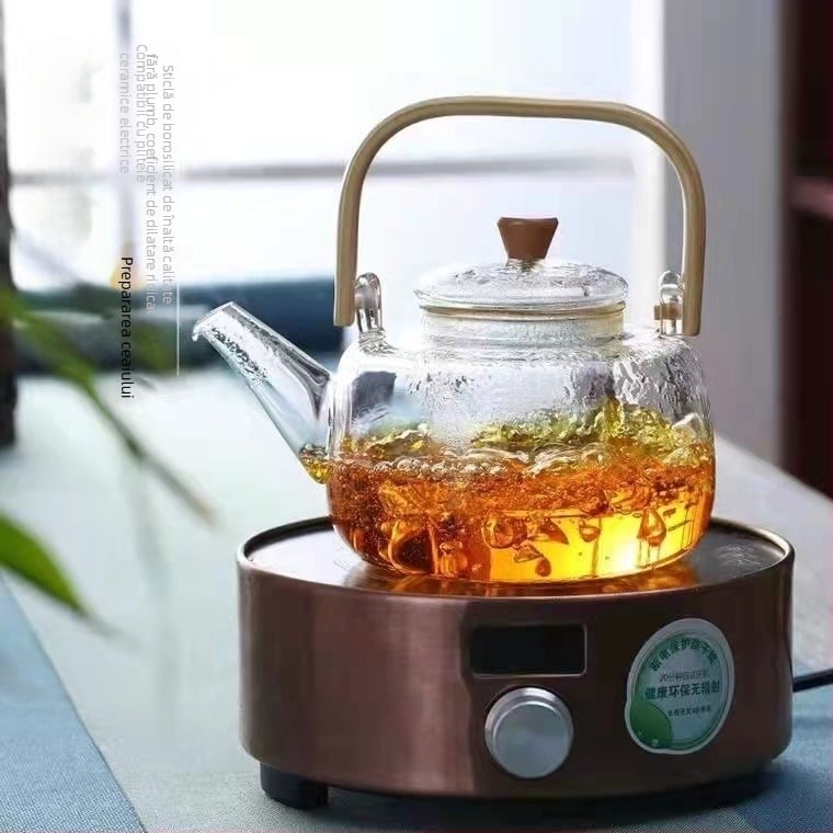 Ceainic de sticlă cu mâner din bambus, stil Kung Fu din borosilicat, set pentru plită electrică