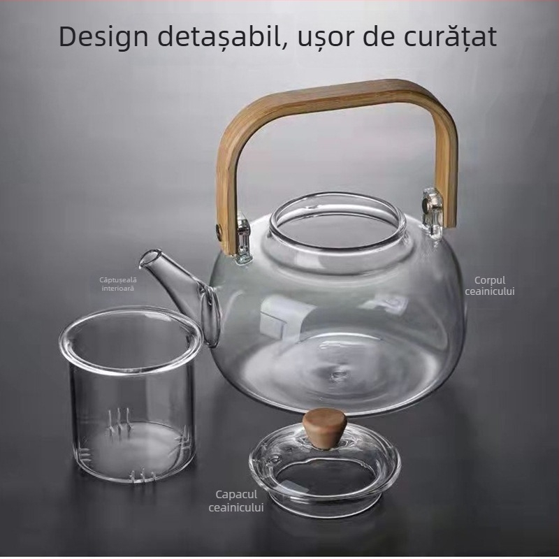 Ceainic de sticlă cu mâner din bambus, stil Kung Fu din borosilicat, set pentru plită electrică