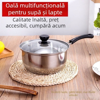 Oală din oțel inoxidabil cu capac, pereți groși, compactă pentru porție unică, oală rotativă pentru tăiței instant, lapte și hot pot, compatibilă cu plita cu inducție, utilizare comercială