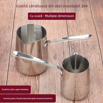 Oală mică din oțel inoxidabil 304, antiaderentă, cu mâner din oțel îngroșat și marcaje de măsurare, potrivită pentru încălzirea uleiului