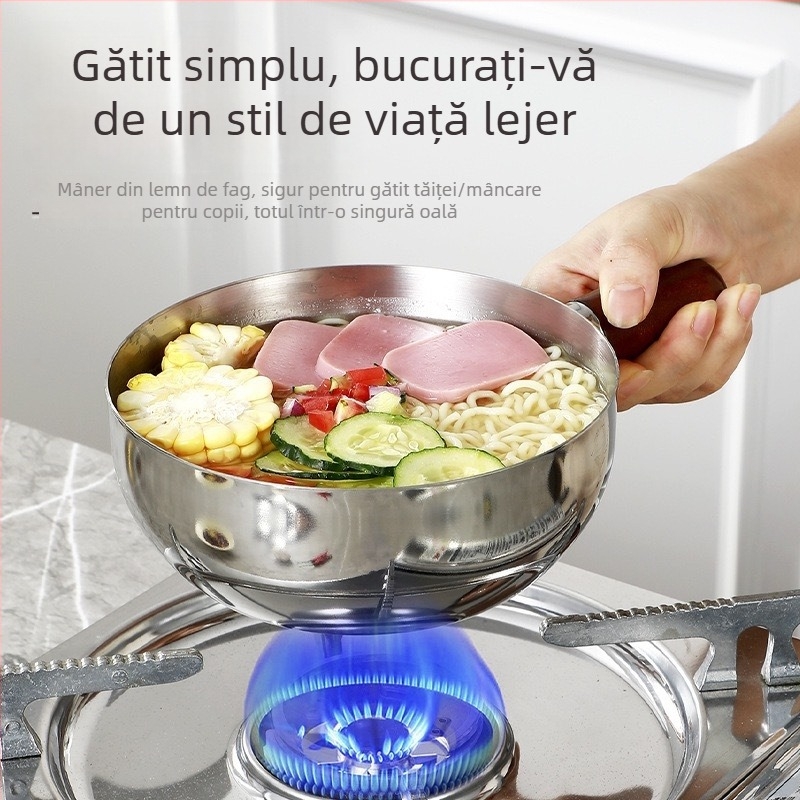 Oală mică din oțel inoxidabil, cu mâner din lemn – vas multifuncțional pentru sosuri, lapte și hrana bebelușilor