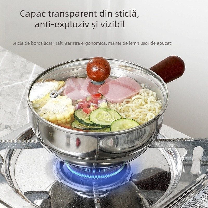 Oală mică din oțel inoxidabil, cu mâner din lemn – vas multifuncțional pentru sosuri, lapte și hrana bebelușilor