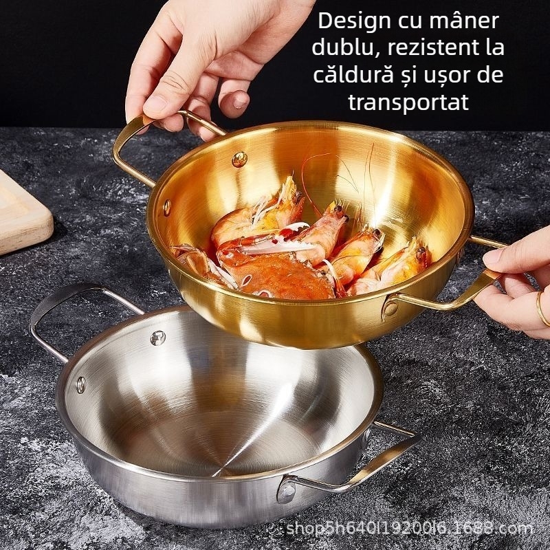 Oală compactă din oțel inoxidabil, cu două mâneri, pentru tăiței instant, ramen și supe, compatibilă cu plite cu inducție, fără acoperire.