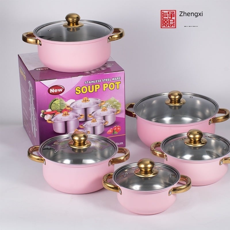 Set de 10 vase din oțel inoxidabil, în culori pastel – oală de supă, oală pentru lapte, tigaie și alte vase, compatibil cu inducția.