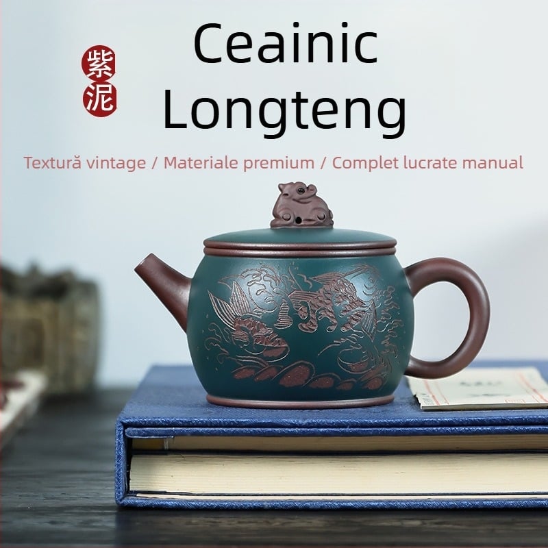 Ceainic din lut purpuriu Yixing Longteng, capacitate mare, set de ceai pentru birou, pictat manual, cutie cadou