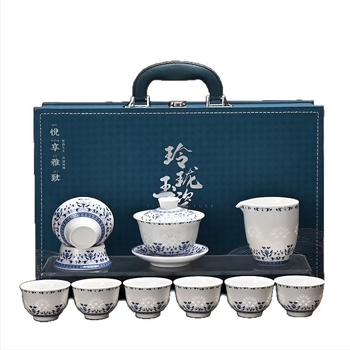 Set de ceai din porțelan albastru și alb, porțelan de înaltă calitate, model sub glazură, ambalaj cadou, personalizabil, pentru 6 persoane, stil Nou Chinezesc.