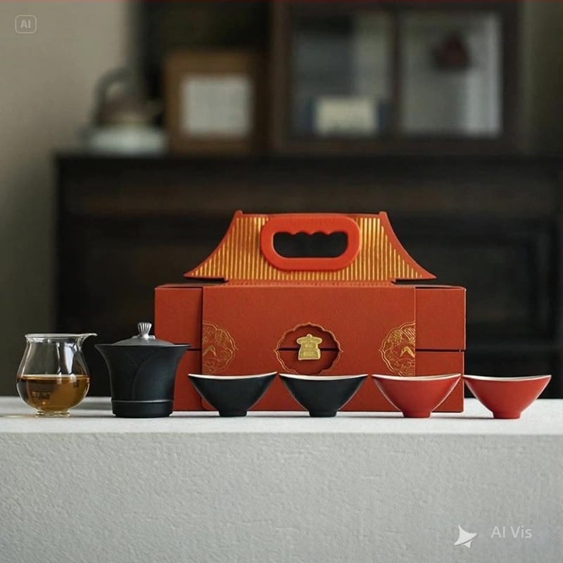 Set ceramic de ceai cu gaiwan în cutie cadou, inspirat de Orașul Interzis — set cultural și creativ pentru afaceri