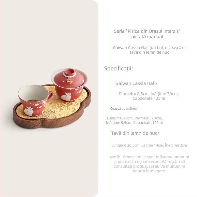 Set de ceai ceramic roșu chinezesc, pictură manuală cu pisică și floare de prune, cu bol cu capac, cești și farfurie pentru acasă, ceremonie Kung Fu