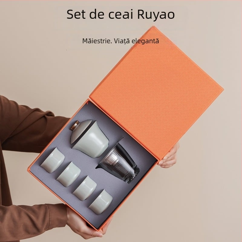 Set de ceai din porțelan, set mic în cutie cadou cu boluri de ceai cu capac și căni, stil modern minimalist, pentru 6 persoane