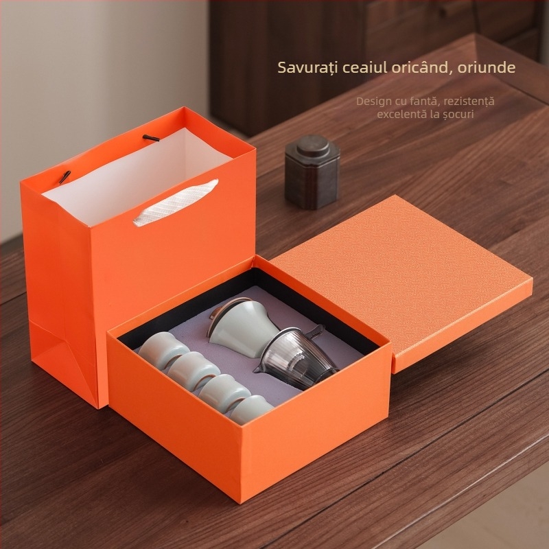 Set de ceai din porțelan, set mic în cutie cadou cu boluri de ceai cu capac și căni, stil modern minimalist, pentru 6 persoane